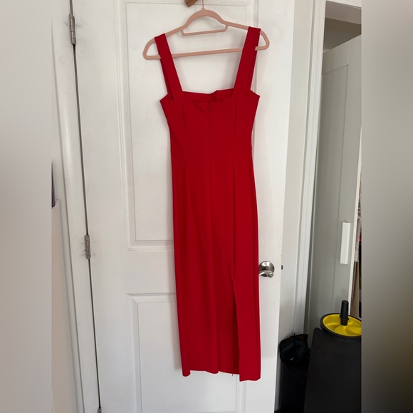 Marcia Red Dress Square Neck High Slit Sexy Elegant Size Small - Picture 2 of 3